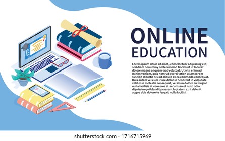 Online-Bildung mit Textstelle, Flache isometrische Illustration einzeln auf weißem Hintergrund.