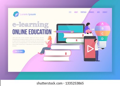 Online Education Theme Landing Page Vector Illustration. E-Learning Modern Website Template