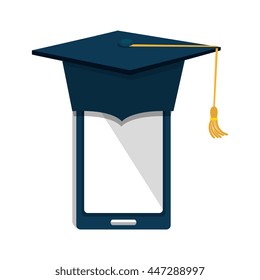 Online education theme, with smartphone and graduation hat icons.