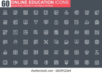 Online education thin line icon set. Distance learning outline pictograms for website and mobile app GUI. Online webinar, courses simple UI, UX. Grid 48x48 pixel perfect linear vector icons pack.