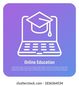 Online education thin line icon. E-learning, webinar, courses online. Distance learning. Mortarboard on laptop screen. Vector illustration.