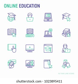 Online education thin line icons set: online course, webinar, e-book, video conference, home studying, wise owl in draduation cup. Modern vector illustration.