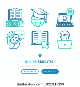 Online education thin line icons set: online course, webinar, e-book, video conference, home studying, wise owl in graduation cup. Modern vector illustration, web page template.