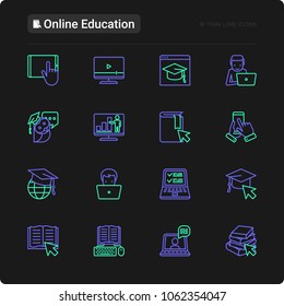 Online education thin line icons set: online course, webinar, e-book, video conference, home studying, wise owl, student with laptop. Modern vector illustration for black theme.