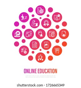 Online education thin line icons in circle shape. Mobile app for learning, define level, training schedule, motivation, webinar, testing, price, certificate. Vector illustration.