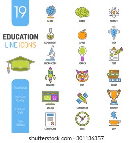 Online Education Thin Lines Color Web Icon Set for Flyer, Poster, Web Site Like mortarboard, books, brain and trophy