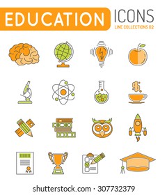 Online Education Thin Lines Color Web Icon Set with Flat elements for Flyer, Poster, Web Site Like mortarboard, books, brain and trophy