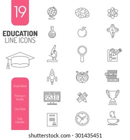 Online Education Thin Lines Web Icon Set for Flyer, Poster, Web Site Like mortarboard, books, brain and trophy
