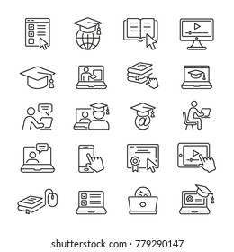 Online Education: thin vector icon set, black and white kit
