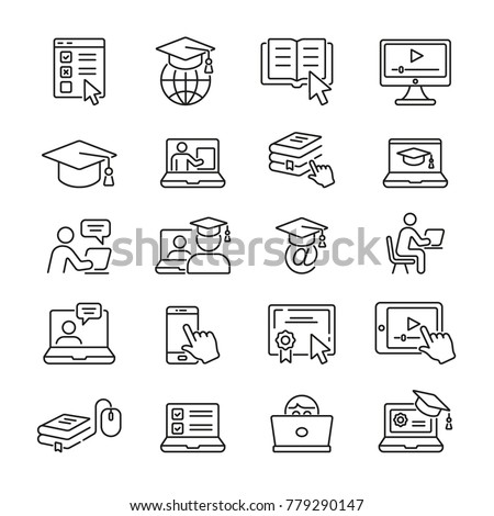 Online Education: thin vector icon set, black and white kit
