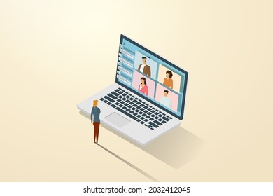 Online education through video call with online links, as if studying with fellow students. through the computer screen on various screens.Vector illustration.