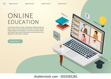 Online education through video call with online links, as if studying with fellow students. through the computer screen on various screens.Vector illustration.