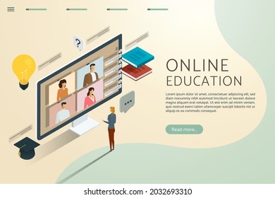 Online education through video call with online links, as if studying with fellow students. through the computer screen on various screens.Vector illustration.