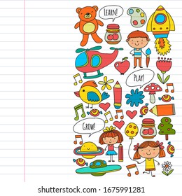 Online education for toddlers. Lessons for children in internet. Vector pattern for kindergarten banners, posters with moon, planet, spaceship, rocket, sun, fruits, house, flowers.