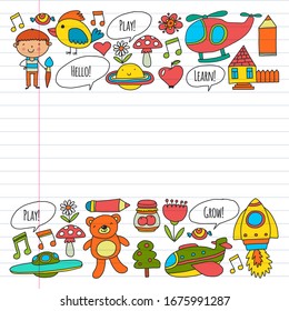Online education for toddlers. Lessons for children in internet. Vector pattern for kindergarten banners, posters with moon, planet, spaceship, rocket, sun, fruits, house, flowers.