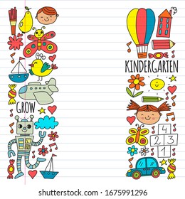 Online education for toddlers. Lessons for children in internet. Vector pattern for kindergarten banners, posters with moon, planet, spaceship, rocket, sun, fruits, house, flowers.