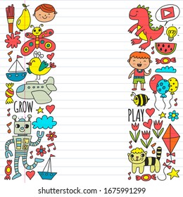 Online education for toddlers. Lessons for children in internet. Vector pattern for kindergarten banners, posters with moon, planet, spaceship, rocket, sun, fruits, house, flowers.