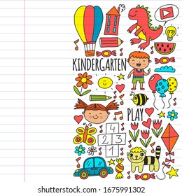 Online education for toddlers. Lessons for children in internet. Vector pattern for kindergarten banners, posters with moon, planet, spaceship, rocket, sun, fruits, house, flowers.