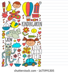 Online education for toddlers. Lessons for children in internet. Vector pattern for kindergarten banners, posters with moon, planet, spaceship, rocket, sun, fruits, house, flowers.