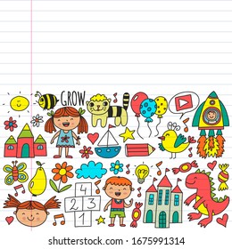 Online education for toddlers. Lessons for children in internet. Vector pattern for kindergarten banners, posters with moon, planet, spaceship, rocket, sun, fruits, house, flowers.