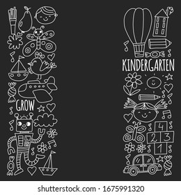 Online education for toddlers. Lessons for children in internet. Vector pattern for kindergarten banners, posters with moon, planet, spaceship, rocket, sun, fruits, house, flowers.