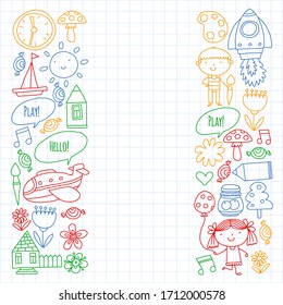 Online education for toddlers. Lessons for children in internet. Vector pattern for kindergarten banners, posters with moon, planet, spaceship, rocket, sun, fruits, house, flowers.