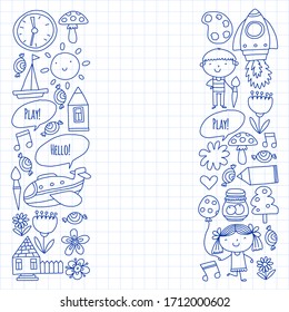 Online education for toddlers. Lessons for children in internet. Vector pattern for kindergarten banners, posters with moon, planet, spaceship, rocket, sun, fruits, house, flowers.