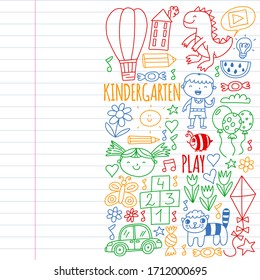 Online education for toddlers. Lessons for children in internet. Vector pattern for kindergarten banners, posters with moon, planet, spaceship, rocket, sun, fruits, house, flowers.