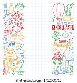 Online education for toddlers. Lessons for children in internet. Vector pattern for kindergarten banners, posters with moon, planet, spaceship, rocket, sun, fruits, house, flowers.