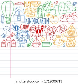 Online education for toddlers. Lessons for children in internet. Vector pattern for kindergarten banners, posters with moon, planet, spaceship, rocket, sun, fruits, house, flowers.