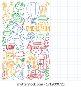 Online education for toddlers. Lessons for children in internet. Vector pattern for kindergarten banners, posters with moon, planet, spaceship, rocket, sun, fruits, house, flowers.