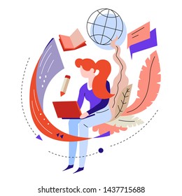 Online education or training abstract concept girl learning through laptop vector woman and computer knowledge and studying Internet school textbook and chat with teacher globe symbol distant learning