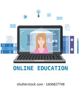 Online education training coaching, workshops and courses. E-learning page with notebook, pile of books icon set and mentor masterclass. Vector illustration isolated