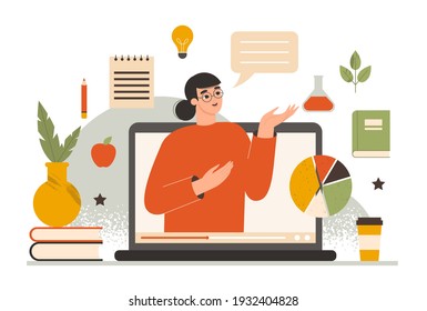 Educación en línea, concepto de capacitación. Profesora o tutora que habla desde una pantalla portátil, haciendo una presentación. Aprendizaje a distancia, educación en casa, clases en línea. Vector plano moderno aislado