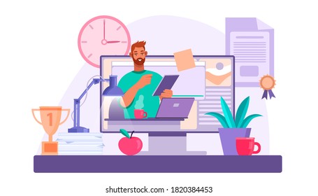 Online education and training concept with tutor or consultant, home workplace, laptop screen. Virtual meeting or video call illustration with young man teaching in internet. Online education banner