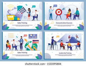 Online Education, Training And Courses Banner Set. Cartoon Female Coach And Male Mentors Characters Giving Lectures About Sales, Keeping Concentration, Leadership. Vector Flat Illustration