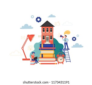 Online education, training courses, business plan. Small people learning  and working together.Vector illustration in cartoon flat style.