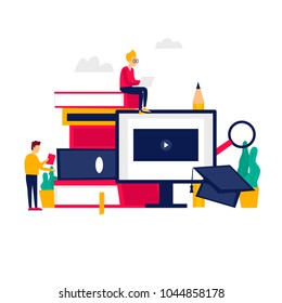 Online Education, training courses, distance studying, tutorials, e-learning. Flat vector illustration. 