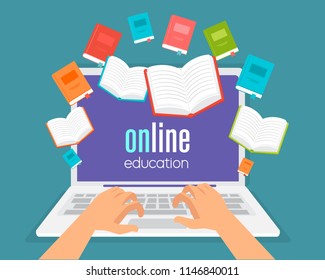 online education, online training courses, distance education flat vector illustration. Internet studying, online book, tutorials, e-learning