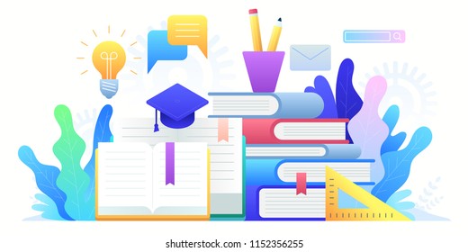Online Education, training courses, distance education and global education. Internet studying, online book, tutorials, e-learning. Vector design concept background
