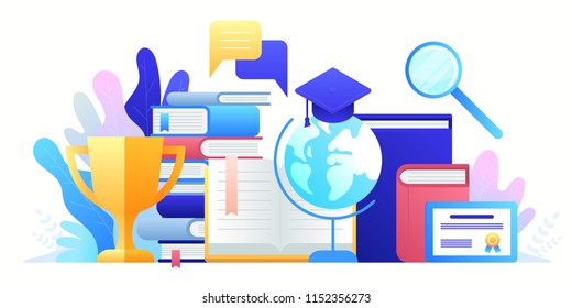 Online Education, training courses, distance education and global education. Internet studying, online book, tutorials, e-learning. Vector design concept background