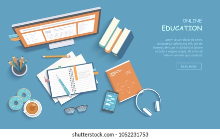 Online education, training, courses, e-learning, distance learning, exam preparation, home schooling. Web banner background. Workplace with monitor, books, notepad, pencil, tea donut. Top view Vector