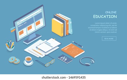 Online education, training, courses, e-learning, distance learning, exam preparation, home schooling. Web banner background. Workplace with monitor, books, notepad, pencil, tea donut. Isometric 3d 