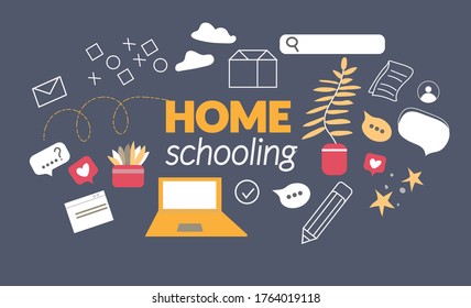 Online education, training, courses, e-learning, distance learning, exam preparation, home schooling. Web banner background. Workplace at home. Flat vector illustration isolated on blue backround