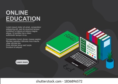 Online education, training, courses, e-learning , distance learning, exam preparation, home schooling. Web banner background. Workplace with laptop, books, pencil.