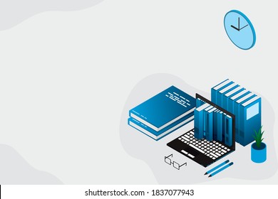 Educación en línea, formación, cursos, e-learning, educación a distancia, preparación de exámenes, escolarización en el hogar. Fondo de banner web. Lugar de trabajo con laptop, libros, lápiz.