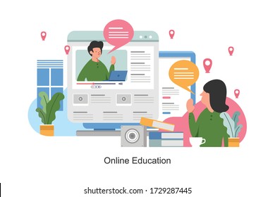 Educación en línea, capacitación y cursos, aprendizaje de ilustraciones vectoriales. Profesor en línea en monitor de computadora. Concepto de vector de aprendizaje de seminarios web y seminarios de vídeo. Plantilla de la página de inicio de educación a distancia.