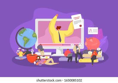 Online education, training courses, specialization, university studies digital classroom with young people vector illustration. E-learning with lector gives lecture online and students with laptops.