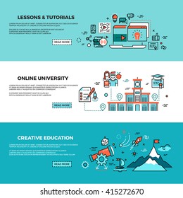 Online education, on-line training courses, staff training, web tutorials vector banners set. Online knowledge teaching, study online page, online course illustration