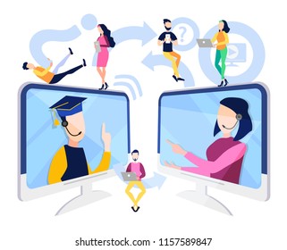 Online education, training, courses for students, managers, employees, businessmen, professional development. People get knowledge from the Internet. Lessons and seminars on Skype. Vector illustration